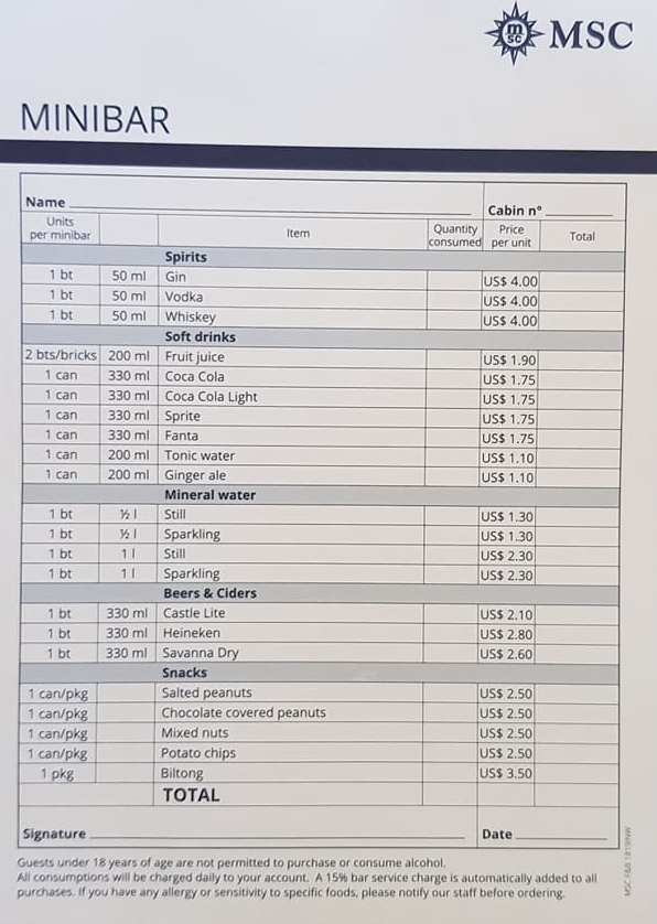Drankies & verversingspryse in Februaries 2019, op die MSC Musica
